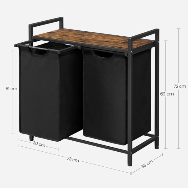Vasagle BLH201B01V1 Dirty Laundry Basket, 2 Compartments, Bin, with 2 Removable Oxford Cloth Bags, Metal Frame, 2 x 46 Litres, 73 x 33 x 72 cm, Rustic Brown and Black - Image 2