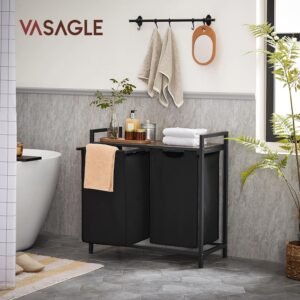 Vasagle BLH201B01V1 Dirty Laundry Basket, 2 Compartments, Bin, with 2 Removable Oxford Cloth Bags, Metal Frame, 2 x 46 Litres, 73 x 33 x 72 cm, Rustic Brown and Black