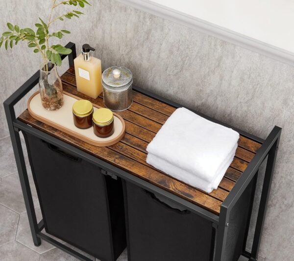 Vasagle BLH201B01V1 Dirty Laundry Basket, 2 Compartments, Bin, with 2 Removable Oxford Cloth Bags, Metal Frame, 2 x 46 Litres, 73 x 33 x 72 cm, Rustic Brown and Black - Image 6